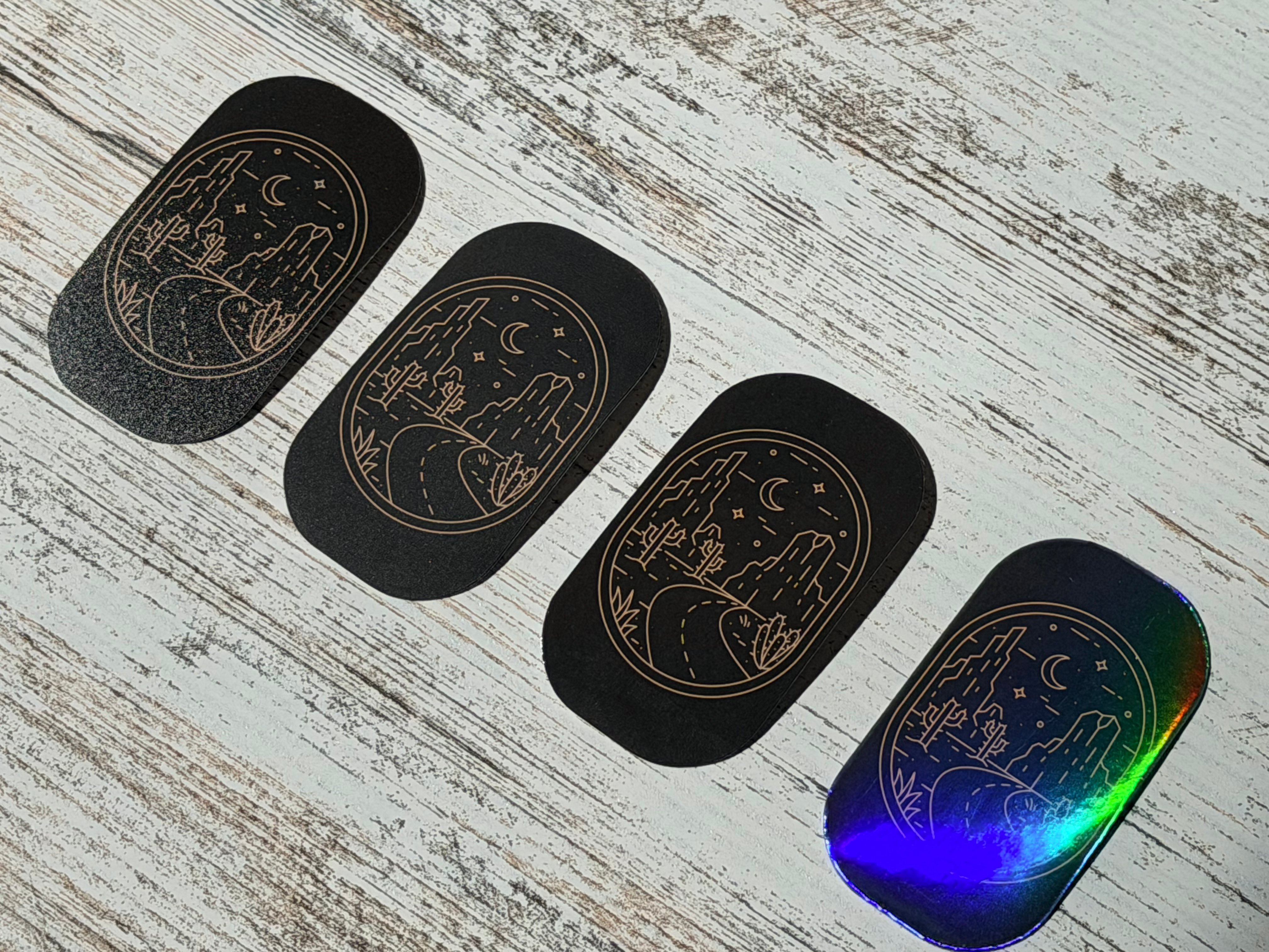 Four sticker finishes side by side
